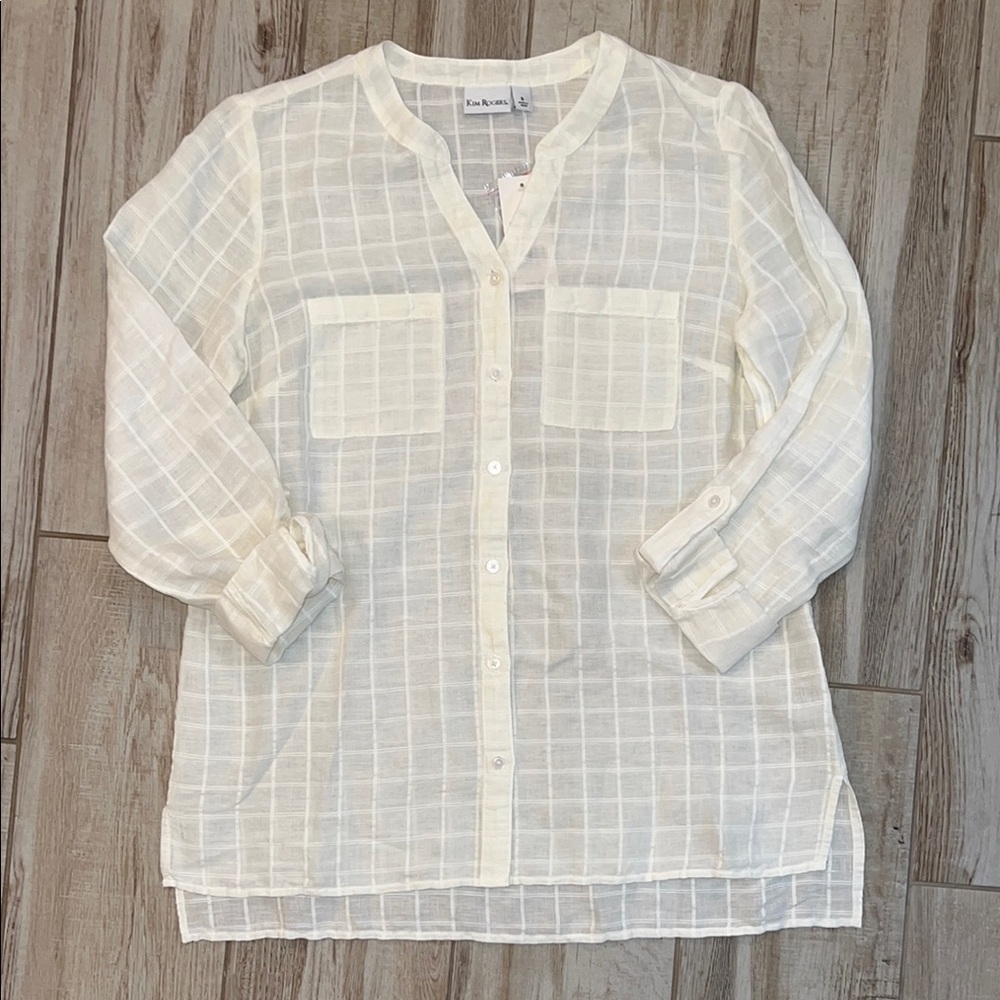 Kim Rogers White Plaid Linen Button-Up Blouse